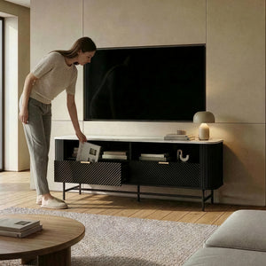 Mueble bajo para TV Olvehok 140x40x55 cm Negro/efecto mármol, blanco [en.casa]