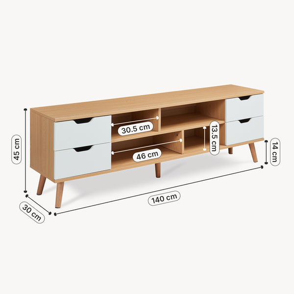 Mueble de televisión Bordkak 140x30x45 cm efecto roble/blanco [en.casa]