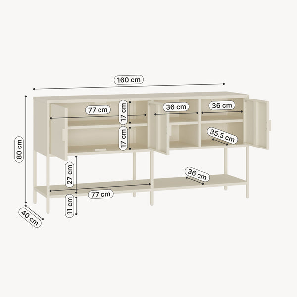 Aparador Kliri con 6 compartimentos acero 160x40x80cm - Blanco crema [en.casa]