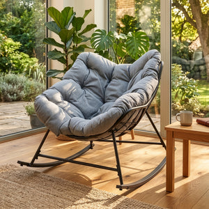 Sillón mecedora de mimbre Villeneuve 85x90x91 cm Negro/Gris [en.casa]