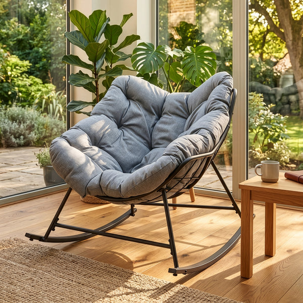 Sillón mecedora de mimbre Villeneuve 85x90x91 cm Negro/Gris [en.casa]