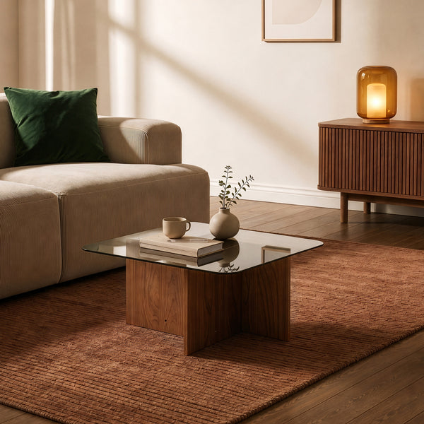 Mesa de centro Benexjö con tablero de vidrio 70x70x36 cm aspecto nogal/Gris [en.casa]