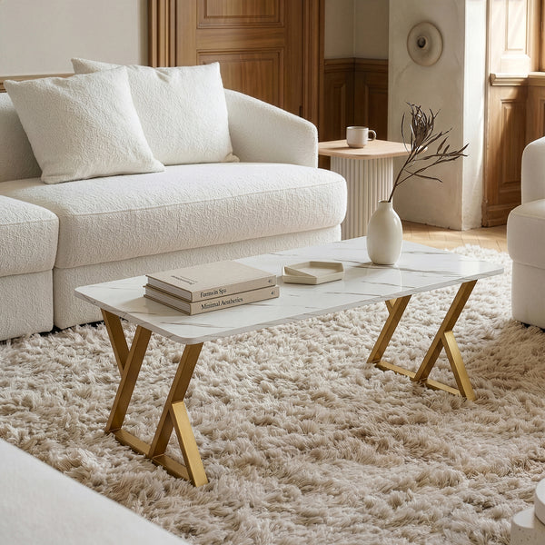 Mesa de centro Nolu 120x60x46 cm color dorado/efecto mármol, blanco [en.casa]