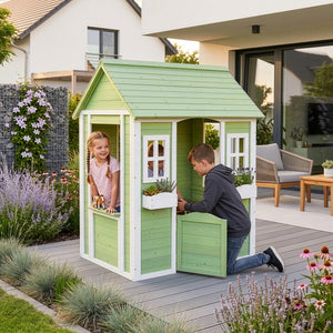 Casita de juegos para niños Kuoldsvin Madera de abeto 144x102x90 cm Verde/Blanco [en.casa]