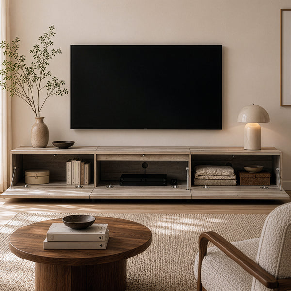 Mueble de televisión Kapipimso con 3 puertas abatibles 194x31x37 cm efecto roble, gris [en.casa]