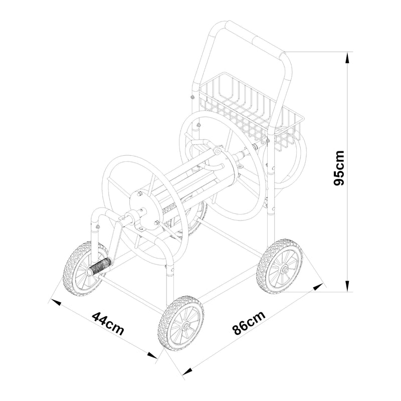 Esquema acotado Carro metálico para manguera de 3/4' - hasta 60m de manguera - enrollador de tambor para manguera de jardín [pro.tec]