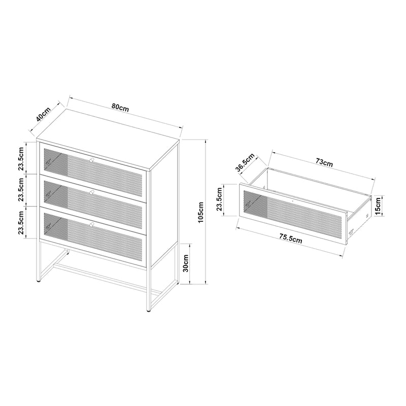 Esquema acotado Armario de oficina Sund con 3 cajones 105x80x40 cm Gris [en.casa]