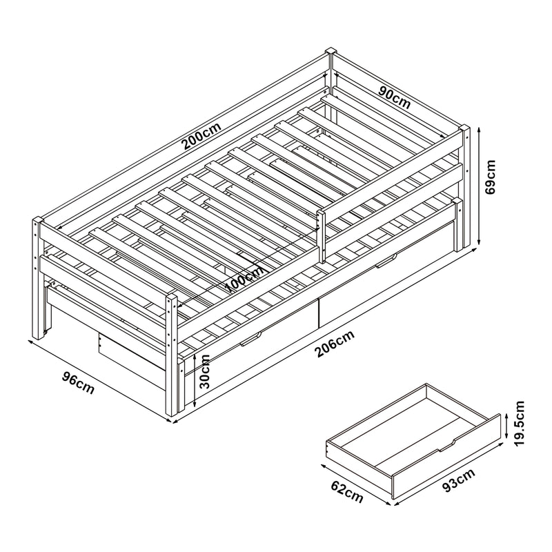 Esquema acotado Cama doble para niños Sonkajärvi con colchón 90x200cm natural [en.casa]