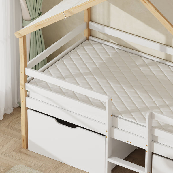 Cama infantil Surnadal en forma de casita 90x200 cm pino - Blanco/Natural [en.casa]