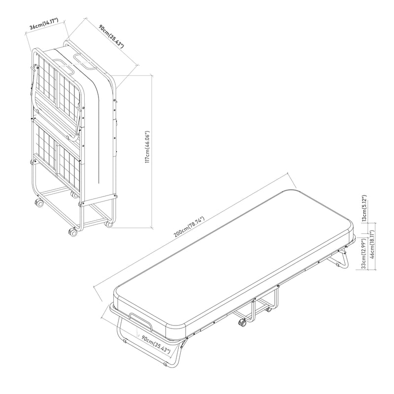 Esquema acotado Cama plegable de metal Borjavle con colchón 200x90cm Negro [en.casa]