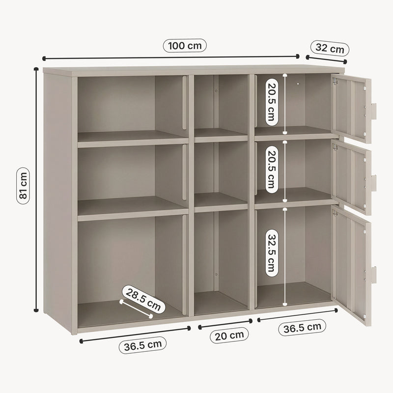 Esquema acotado Archivador Kliri con 9 compartimentos metal 100x32x81cm - Camel [en.casa]