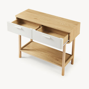 Mesa consola Ferrersp con 2 cajones 100x40x80 cm aspecto roble/color arena [en.casa]