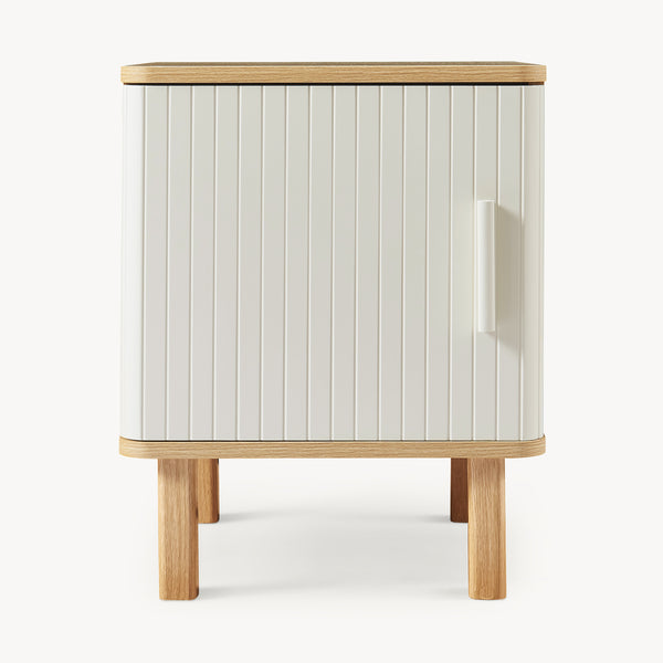 Mesita de noche Ferrersp con puerta 50x40x40 cm aspecto roble/color arena [en.casa]