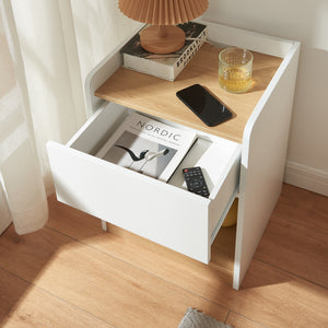 Mesita de noche Kuorshare 55x42x37 cm Blanco/Aspecto roble [en.casa]