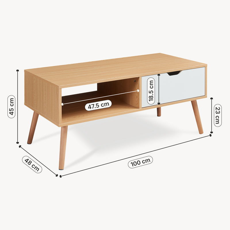 Esquema acotado Mesa de centro Bordkak con cajón 100x48x45 cm aspecto roble/blanco [en.casa]