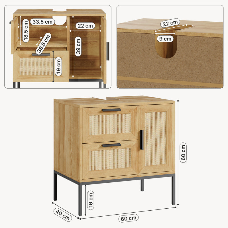 Esquema acotado Mueble bajo lavabo Marhasa 2 puertas 1 cajón ratán 60x60x40cm Roble [en.casa]