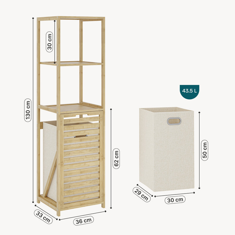 Esquema acotado Estantería de baño con cesto Anun bambú 130x36x33cm - Natural/Beige [en.casa]