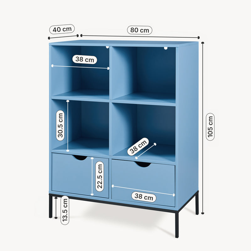Esquema acotado Librería Colwyn 2 cajones y 4 compartimentos 105x80x40cm - Azul [en.casa]
