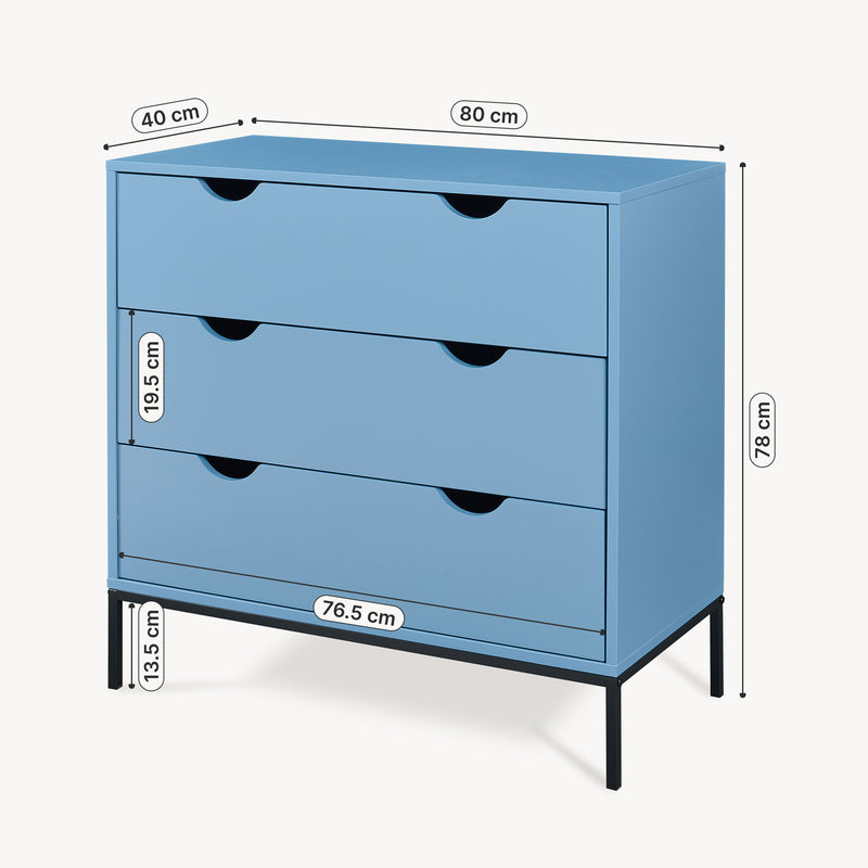 Esquema acotado Cómoda Colwyn 3 cajones MDF 78x80x40cm - Azul [en.casa]
