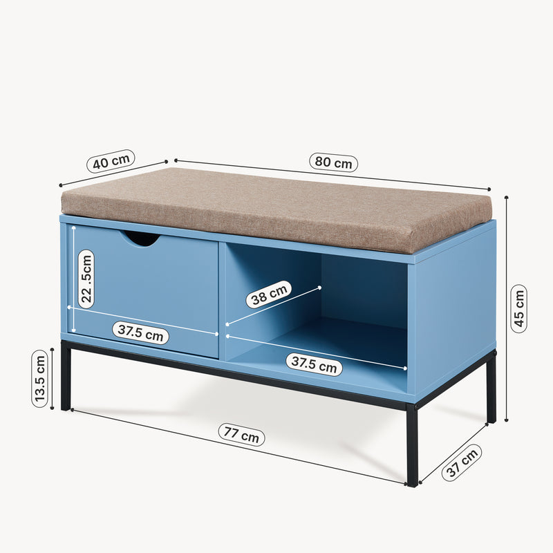 Esquema acotado Banco zapatero Colwyn 1 cajón MDF 80x40x45cm - Azul /Gris [en.casa]