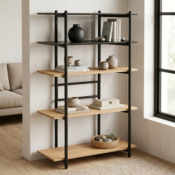 Estantería Kappespoo 124x80x35 cm Negro/Aspecto roble [en.casa]