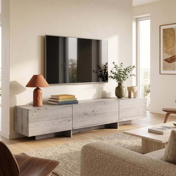 Mueble de televisión Kapipimso con 3 puertas abatibles 194x31x37 cm efecto roble, gris [en.casa]