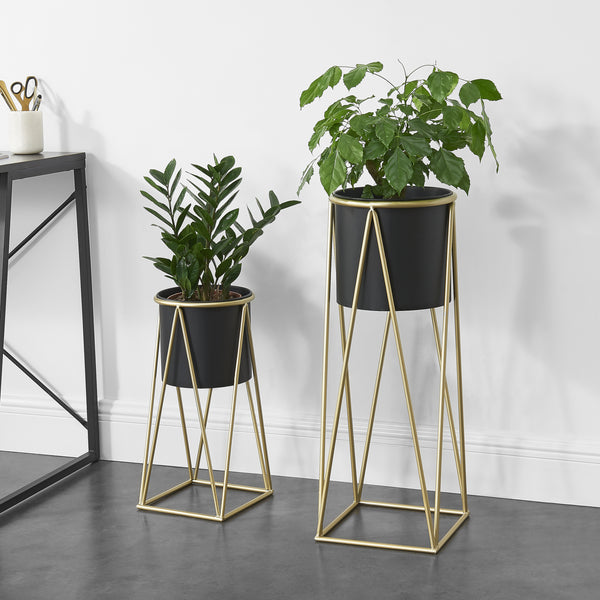 Soporte para plantas Lennik juego de 2 piezas metal negro color latón [en.casa]