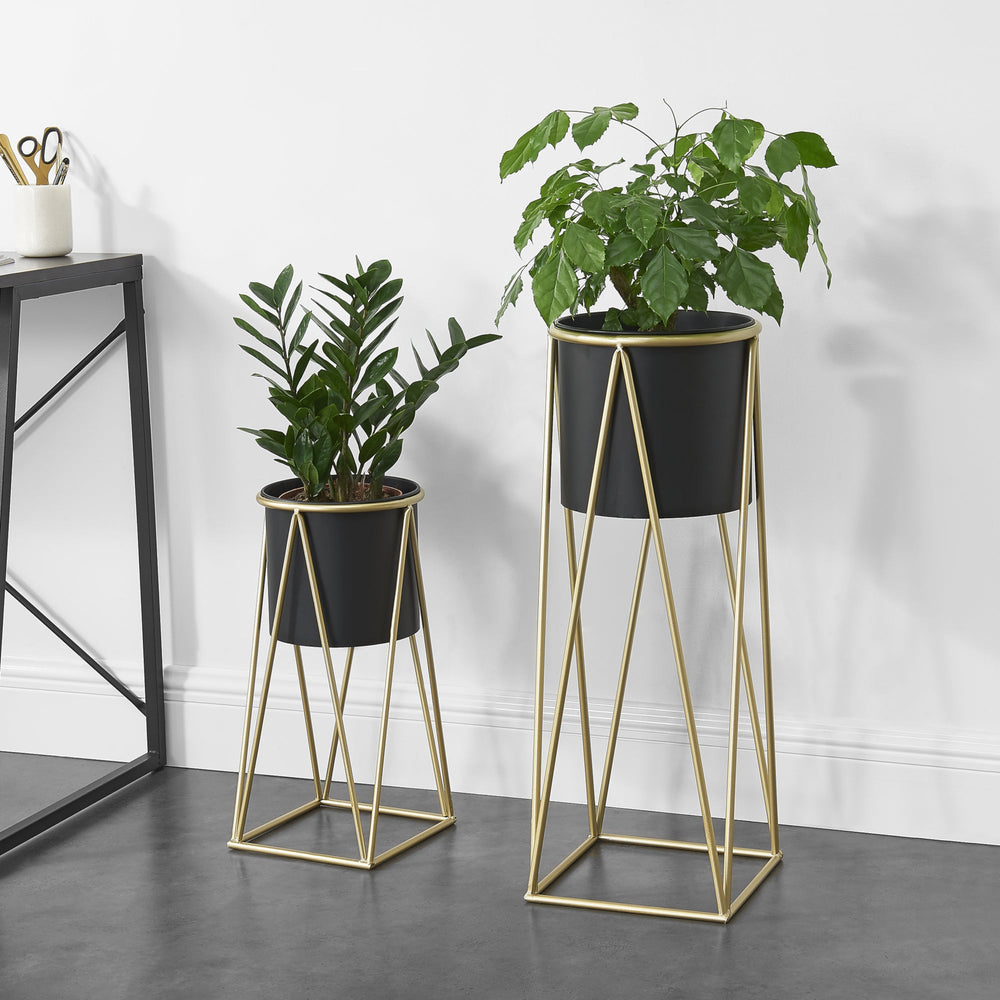 Soporte para plantas Lennik juego de 2 metal negro color latón [en.casa] - premiumXL