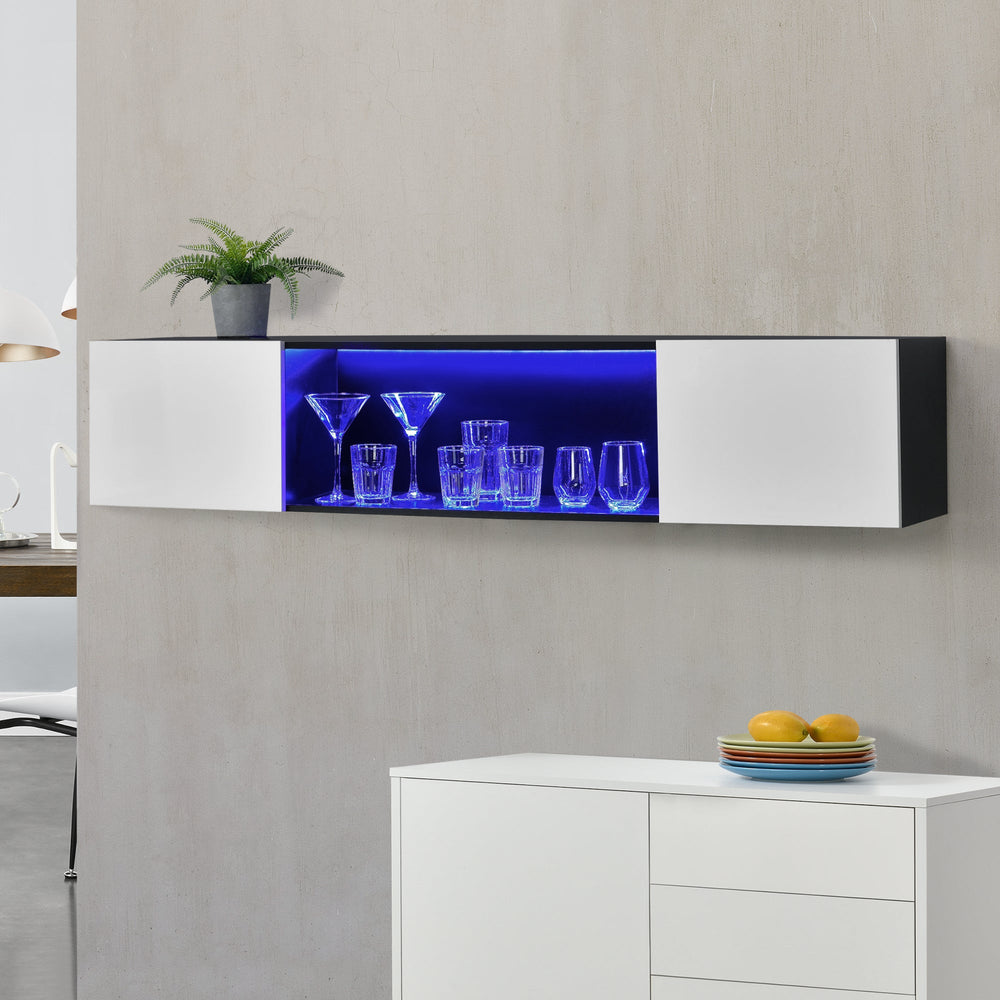 Estante de pared Thabong 150x30x30 cm con iluminación LED negro/blanco en.casa - premiumXL