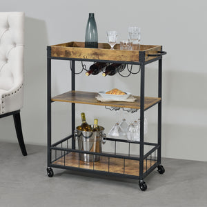 Carrito de servicio Thalwil 89,5 x 67 x 40 cm Carrito con ruedas con soporte para botellas Negro/Color madera en.casa