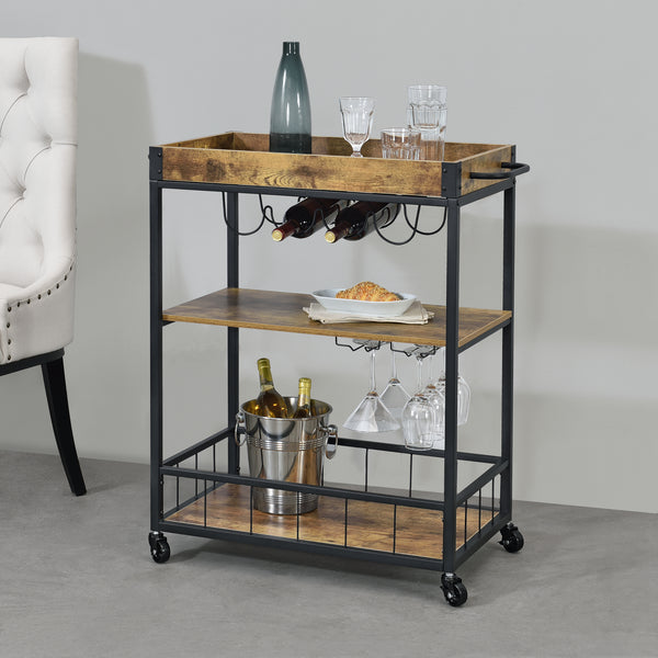 Carrito de servicio Thalwil 89,5 x 67 x 40 cm Carrito con ruedas con soporte para botellas Negro/Color madera en.casa