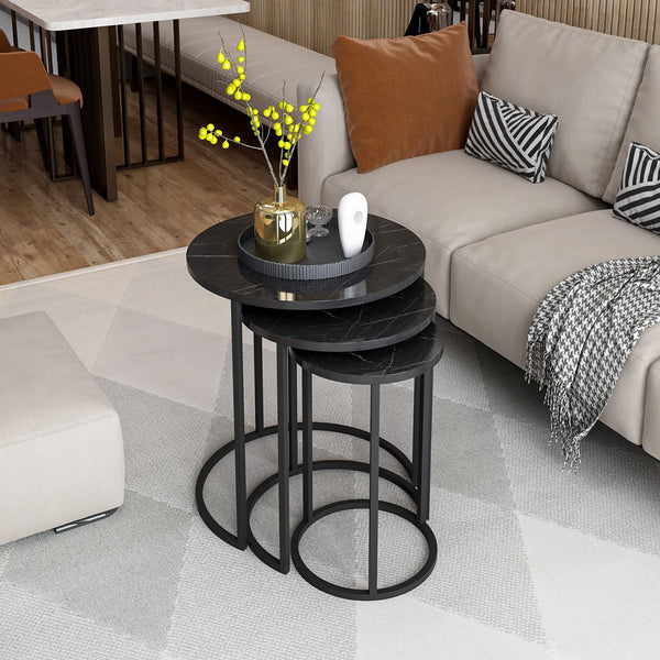 Mesa de comedor Frederiksværk juego de 3 piezas efecto mármol negro [en.casa]