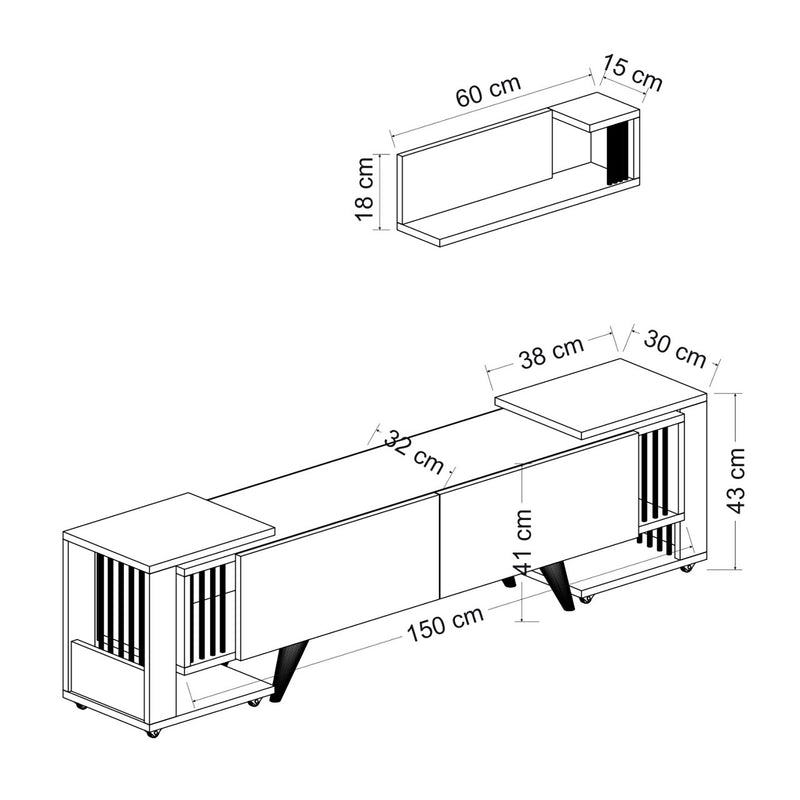 Esquema acotado Mesa de televisión con estantería y 2 mesas auxiliares Glostrup en aspecto roble / blanco [en.casa]