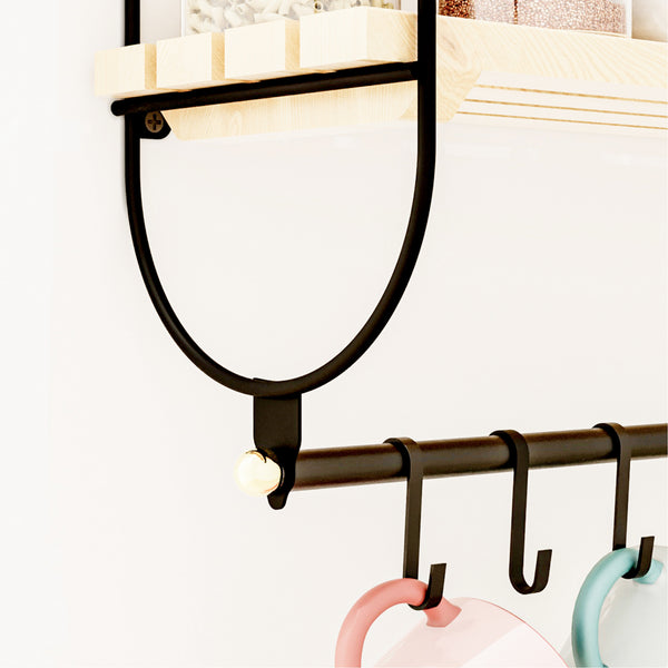 Estante de pared Pielavesi con 6 ganchos Negro/Natural [en.casa]