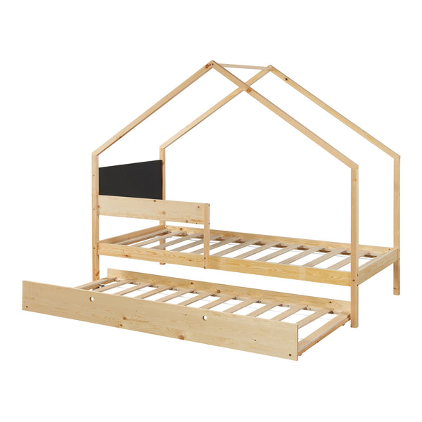 Cama casita Sodankylä 90x200cm con cama extraíble Madera de pino natural [en.casa]