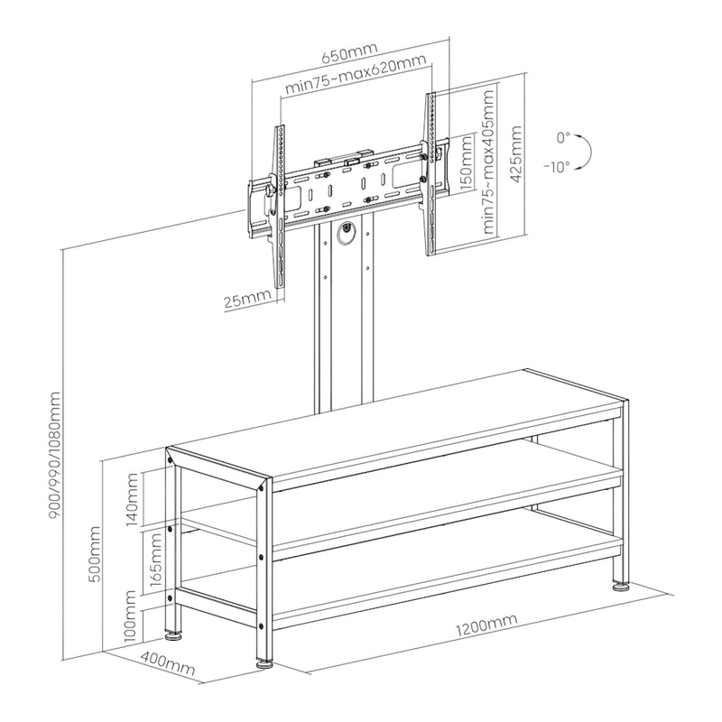 Esquema acotado Soporte de Pie para TV Stockholm con mesa 120x40x108cm - Negro [pro.tec]