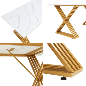 Mesa de comedor Hujaari para 6 personas efecto mármol, blanco / dorado [en.casa]