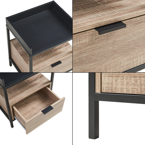 Mesita de noche Belana 51x40x35 cm Negro/Aspecto roble [en.casa]