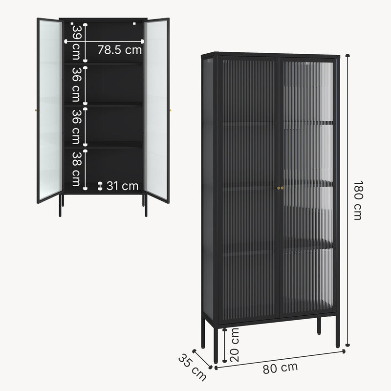 Esquema acotado Vitrina Vinterhavn con puertas compartimentos acero Negro [en.casa]