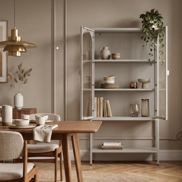 Vitrina Klippestad con 2 puertas arqueadas acero 160x80x35cm Gris cálido [en.casa]
