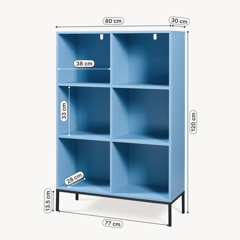 Esquema acotado Librería Colwyn 6 compartimentos abiertos 120x80x30cm - Azul [en.casa]