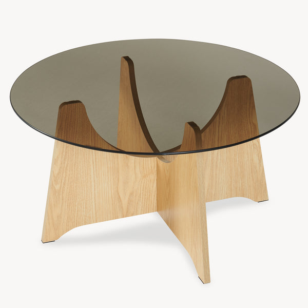 Mesa de centro 'Omlar' con tablero de vidrio redondo Ø70 x 35 cm aspecto roble / gris ahumado