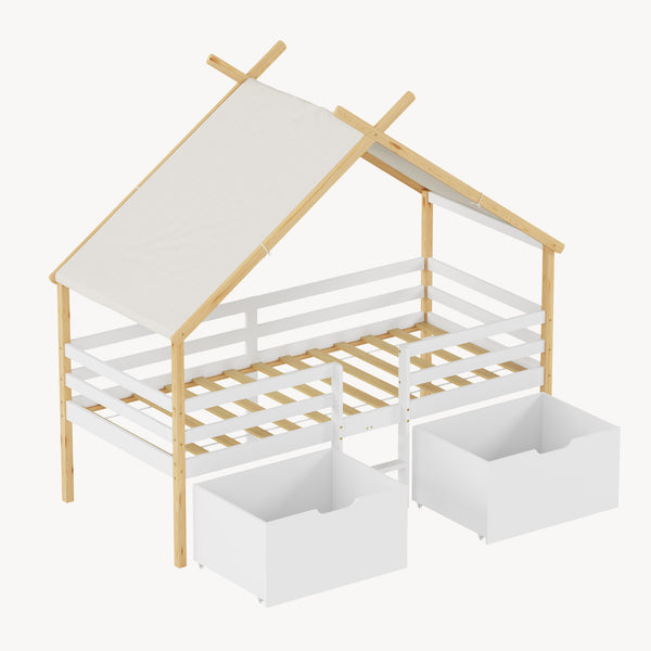 Cama infantil Surnadal en forma de casita 90x200 cm pino - Blanco/Natural [en.casa]