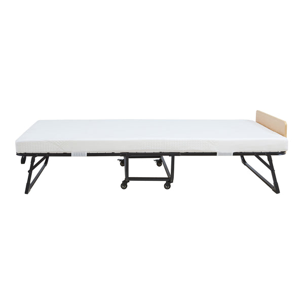 Cama plegable de metal Lustendi con colchón 200x90cm Negro/efecto roble [en.casa]
