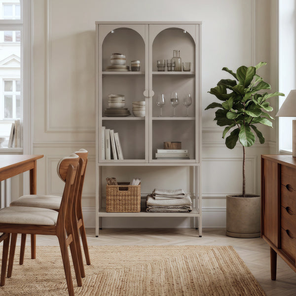 Vitrina Klippestad con 2 puertas arqueadas acero 160x80x35cm Gris cálido [en.casa]