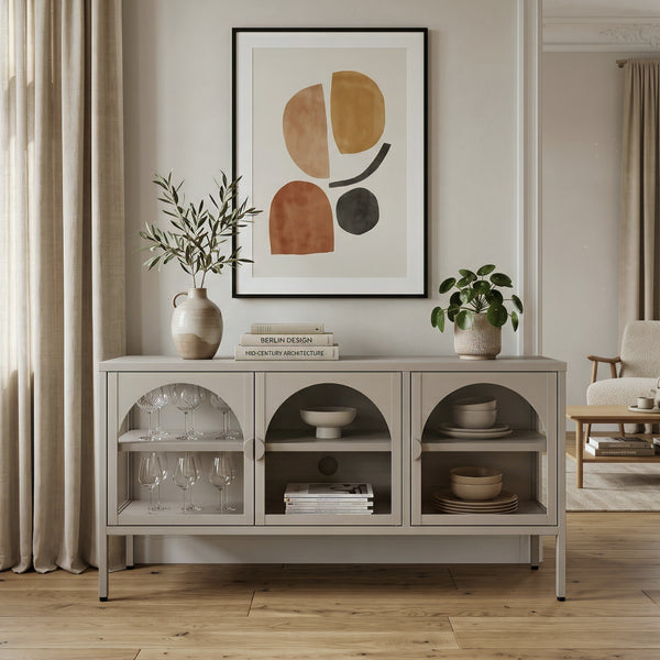 Vitrina Klippestad con 3 puertas arqueadas acero 118x35x55cm Gris cálido [en.casa]