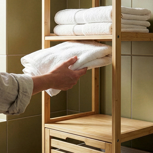 Badregal mit Wäschesammler Anun 130x36x33 cm Bambus Holzfarben [en.casa]