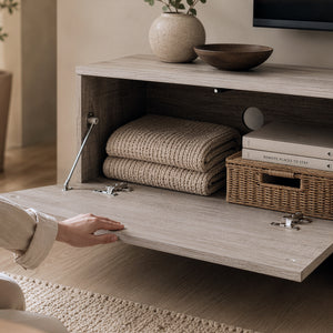 Mueble de televisión Kapipimso con 3 puertas abatibles 194x31x37 cm efecto roble, gris [en.casa]