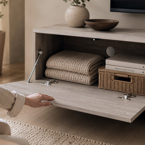Mueble de televisión Kapipimso con 3 puertas abatibles 194x31x37 cm efecto roble, gris [en.casa]