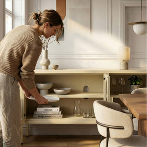 Aparador vitrina Klippestad acero 118x35x55 cm color camello [en.casa]